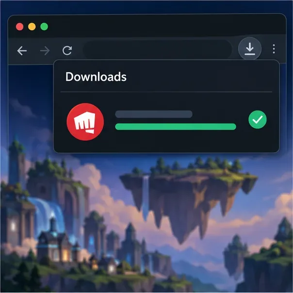 Um painel de download do navegador mostra o instalador do Riot pronto para ser aberto.