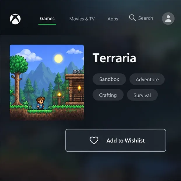 A Terraria store page with an Add to Wishlist button