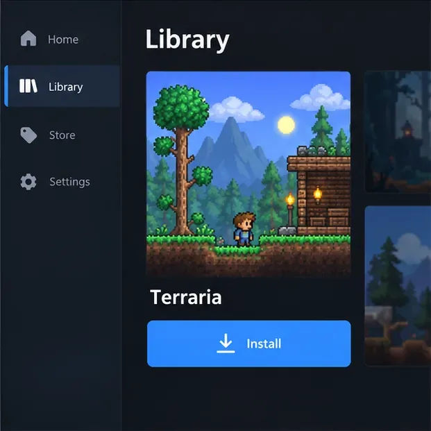 Terraria selected in a game library with a blue Install button