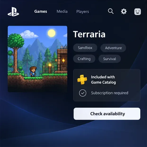 A Terraria console-store page showing a subscription-required notice and a Check availability button