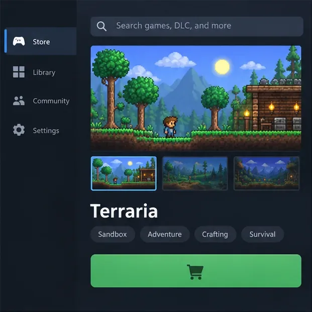 A dark PC game-store listing for Terraria with game artwork and a green purchase panel