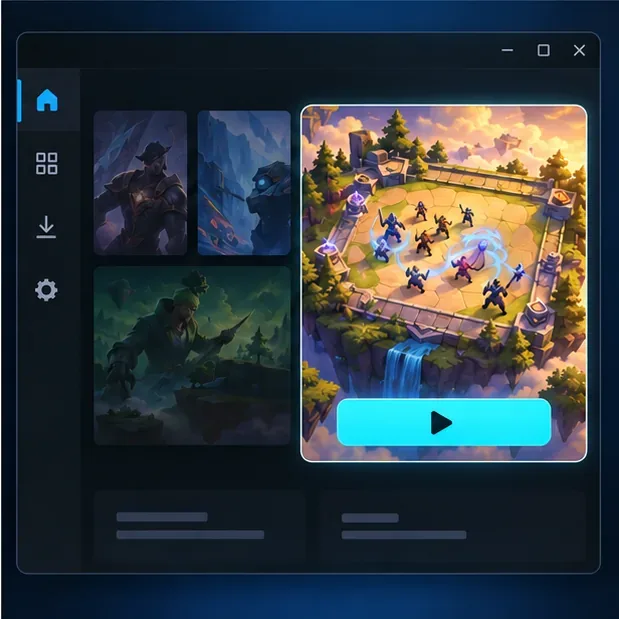 Janela escura do cliente de jogo com uma grande pré-visualização do tabuleiro do modo de batalha automática e um botão azul de inicialização.