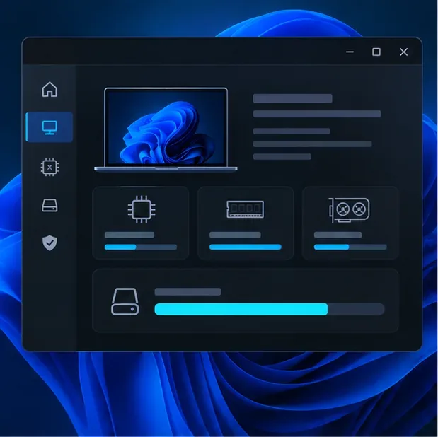 Painel do sistema Windows escuro com ícones do processador e da memória, além de uma barra de armazenamento quase totalmente preenchida.