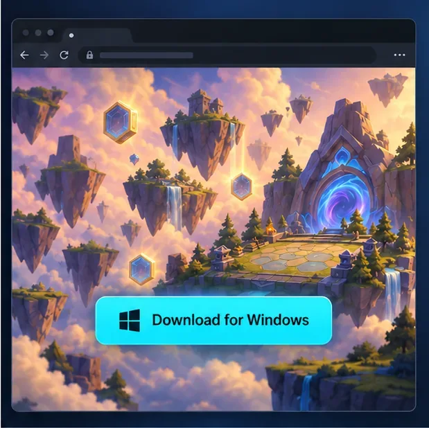 Janela do navegador com arte do jogo da ilha flutuante e um botão brilhante "Download para Windows".