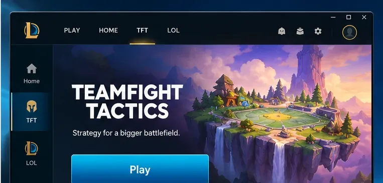 Navegação do cliente para desktop com o Teamfight Tactics selecionado e um botão Jogar em destaque.