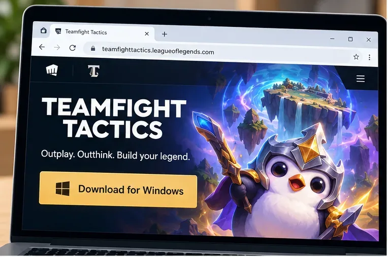 Navegador de laptop exibindo uma página de download do Teamfight Tactics com um botão "Download para Windows".