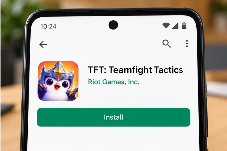 Celular Android mostrando o jogo Teamfight Tactics da Riot Games listado na Google Play e um botão "Instalar".