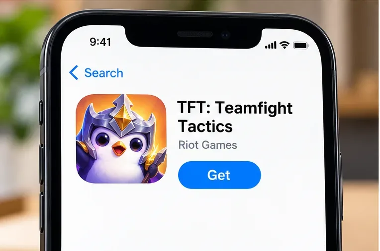 A página do jogo na App Store do iPhone mostra TFT Teamfight Tactics da Riot Games e um botão "Obter".