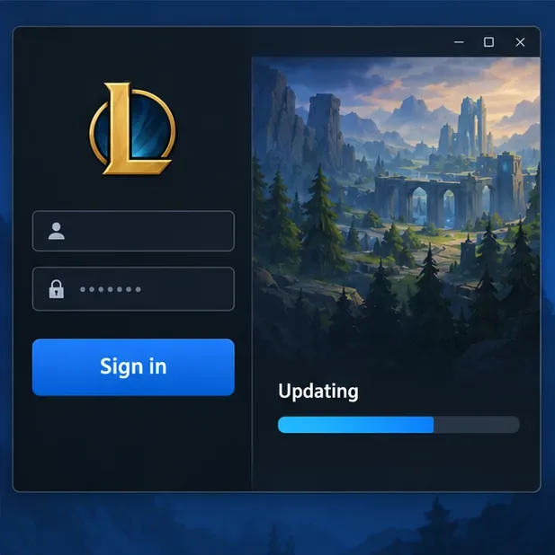 Ilustração de um iniciador de jogos mostrando um botão de login ao lado de uma barra de progresso de atualização.