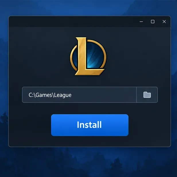 Janela ilustrativa do instalador do jogo com um campo de destino e um botão Instalar.