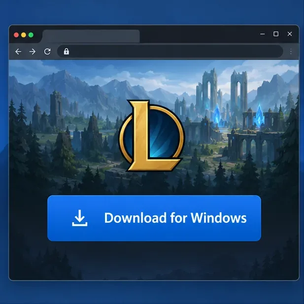 Visualização ilustrativa da página de download do League of Legends em um navegador, com um botão de download do Windows em destaque.