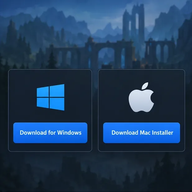 Exemplo ilustrativo de escolha de plataforma mostrando botões separados para Download do instalador para Windows e Download do instalador para Mac.