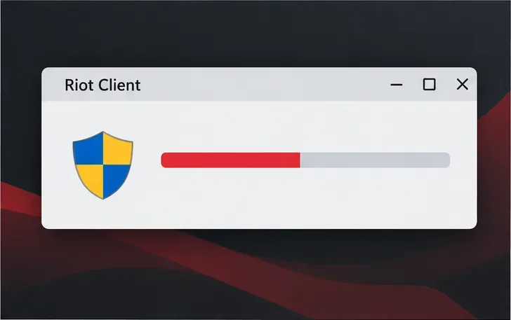 Janela ilustrada do instalador do Riot Client com uma barra de progresso da instalação.