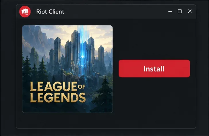 Ilustração da biblioteca de jogos do Riot Client mostrando um ícone do League of Legends e um botão Instalar.