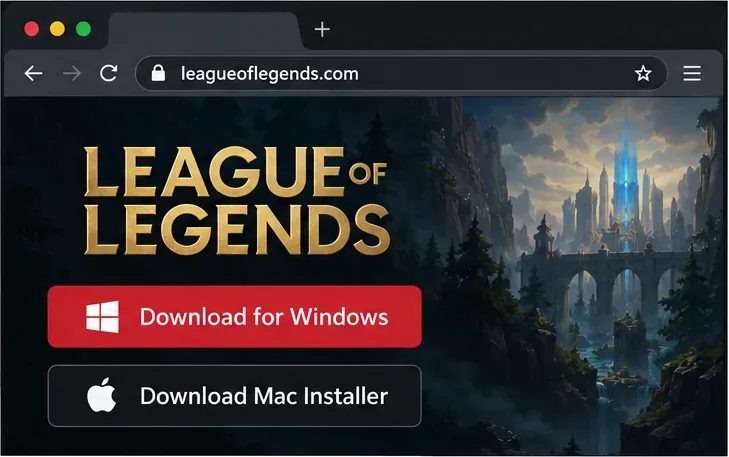 Janela ilustrada do navegador mostrando a página de download do League of Legends com botões de instalação para Windows e Mac.