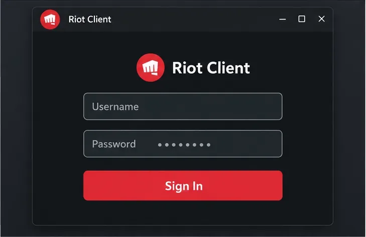 Janela ilustrada de login do Riot Client com campos para nome de usuário e senha e um botão "Entrar".