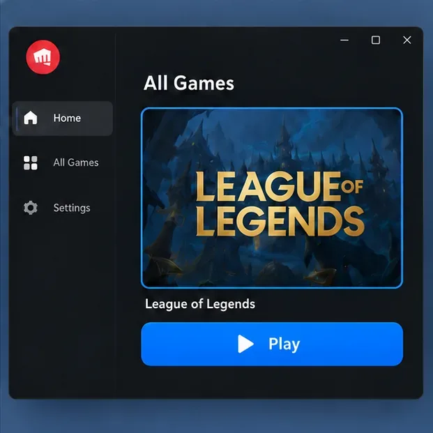 Ilustração simplificada do cliente Riot mostrando League of Legends e um botão Jogar.