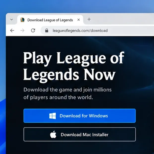 Ilustração da página oficial de download do League of Legends com opções de instalação para Windows e Mac.