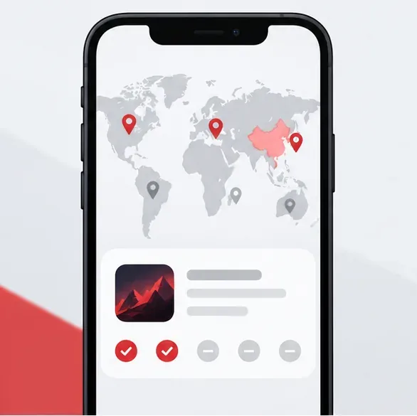 世界地図と店舗アクセス状況表示を備えたスマートフォンのモックアップ。地域ごとにVALORANT Mobileの利用可否を確認できます。