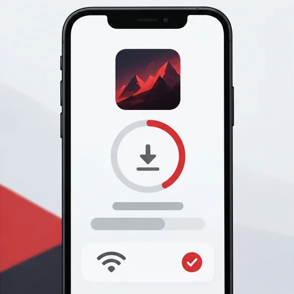 A phone screen mockup with a download progress ring and a Wi-Fi symbol.