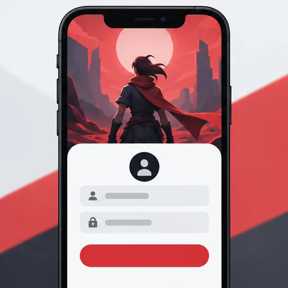 A phone mockup with a game sign-in form below character artwork.