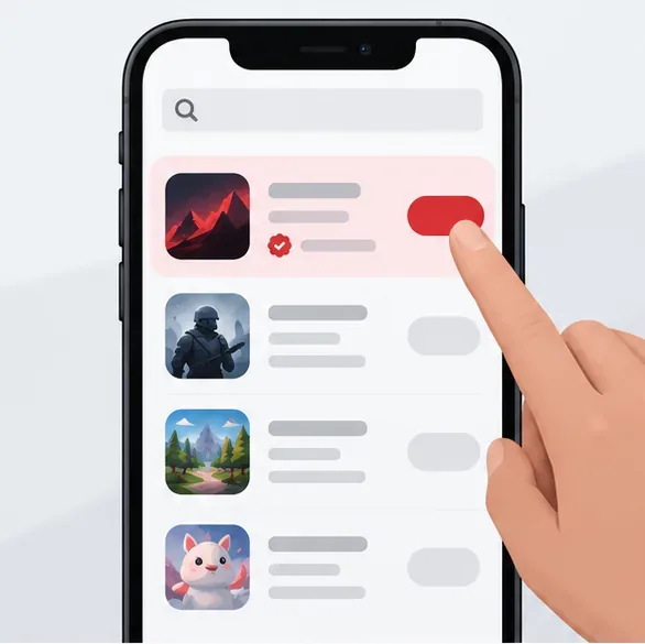 ゲームの掲載画面に、パブリッシャー名とインストールボタンが表示されたスマートフォンのモックアップ。