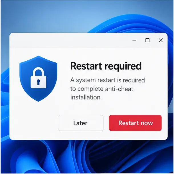 Illustrative Windows restart prompt stating that a restart is required to complete anti-cheat installation