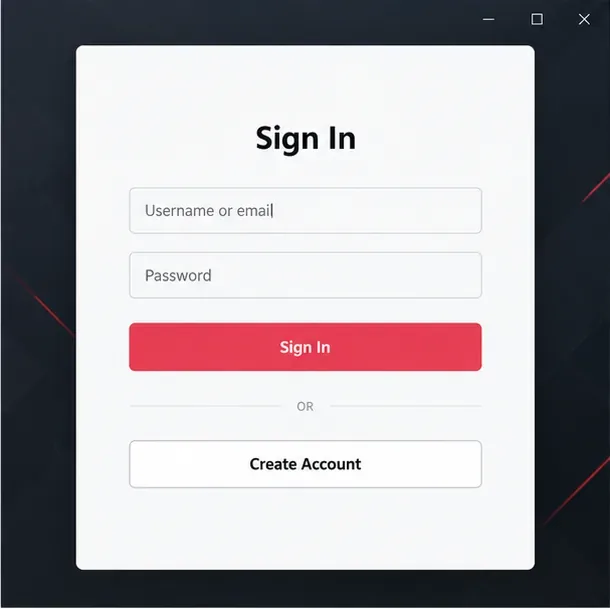 Illustrative sign-in window with username and password fields, a Sign In button, and a Create Account option