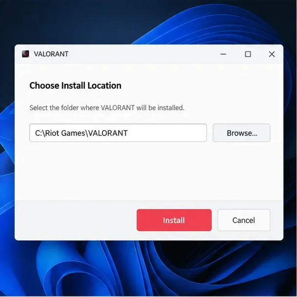 Illustrative VALORANT setup window showing an install-location field, Browse button, and Install button