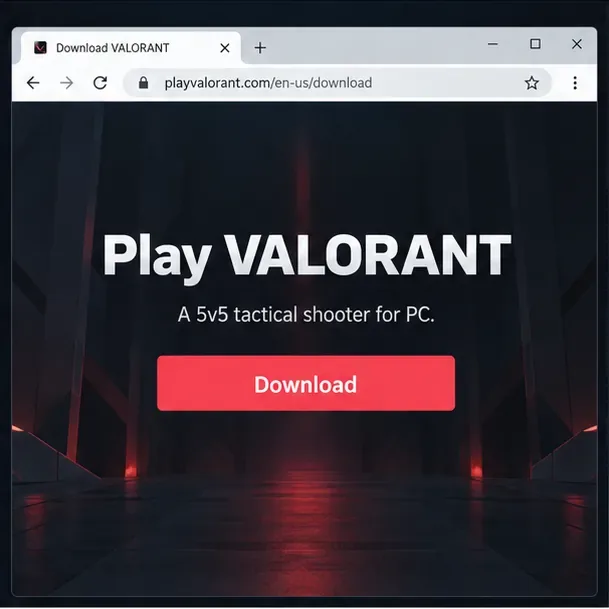 Illustrative browser window open to playvalorant.com/en-us/download with the VALORANT Download button visible
