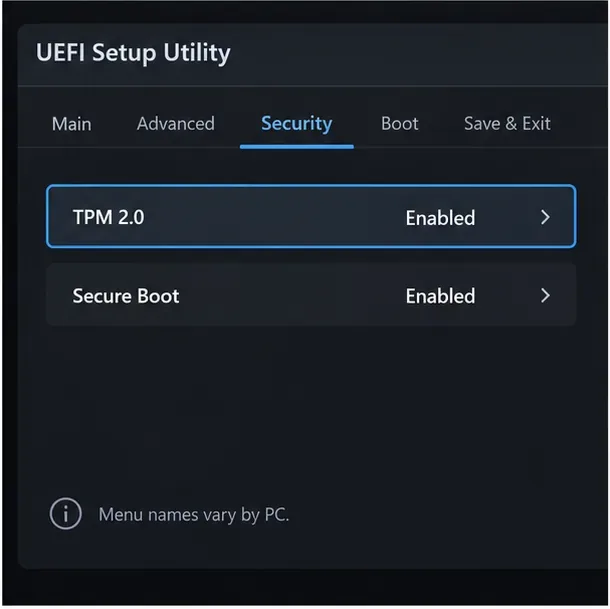 Illustrative UEFI security settings screen showing TPM 2.0 and Secure Boot enabled, with a note that menu names vary by PC