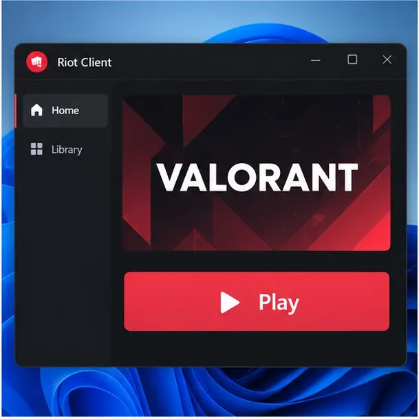 Illustrative Riot Client page for VALORANT with the Play button ready