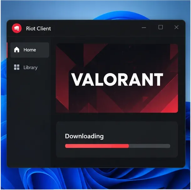 Illustrative Riot Client window showing VALORANT downloading with a progress bar