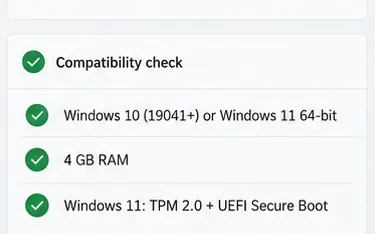 Illustrative compatibility checklist showing Windows 10 build 19041 or newer, Windows 11 64-bit, 4 GB RAM, and the Windows 11 TPM 2.0 and UEFI Secure Boot requirements