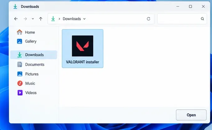 Illustrative Windows Downloads folder with the VALORANT installer selected and an Open button