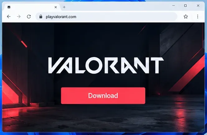 Illustrative browser view of playvalorant.com with the VALORANT Download button visible