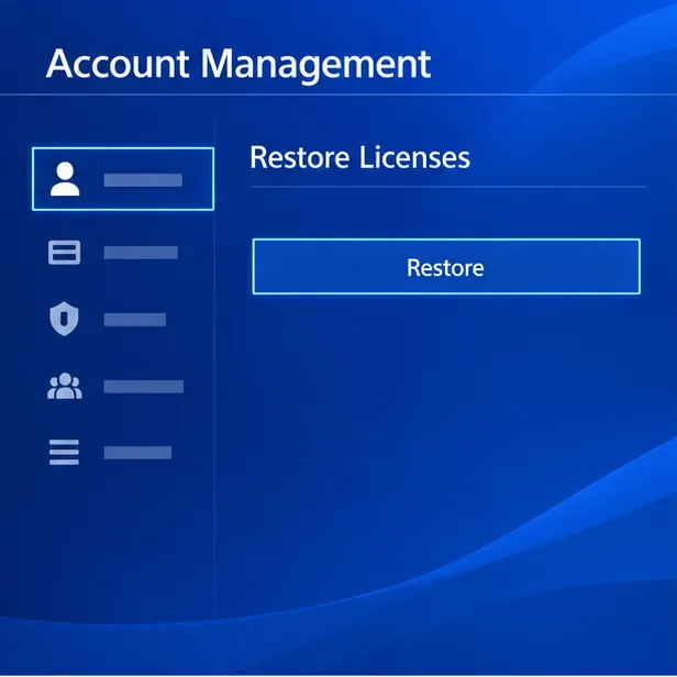 The PS4 Account Management screen with Restore Licenses selected.