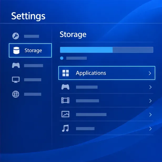 The PS4 Settings > Storage screen with Applications selected and the storage usage bar visible.