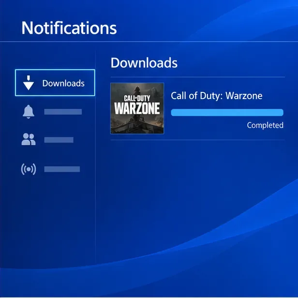 The PS4 Notifications > Downloads screen showing Call of Duty: Warzone marked Completed.