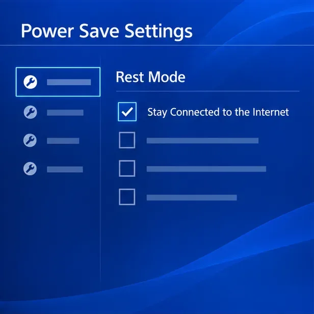 The PS4 Power Save Settings screen with Stay Connected to the Internet checked for Rest Mode.