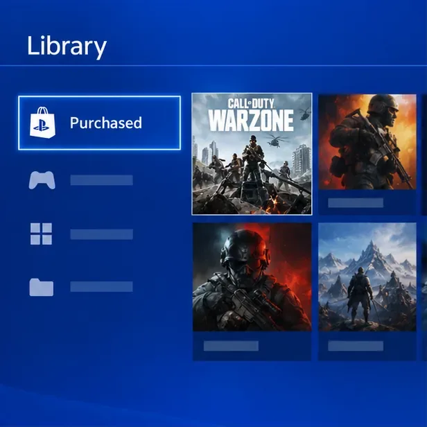 The PS4 Library with Purchased selected and Call of Duty: Warzone shown in the game collection.