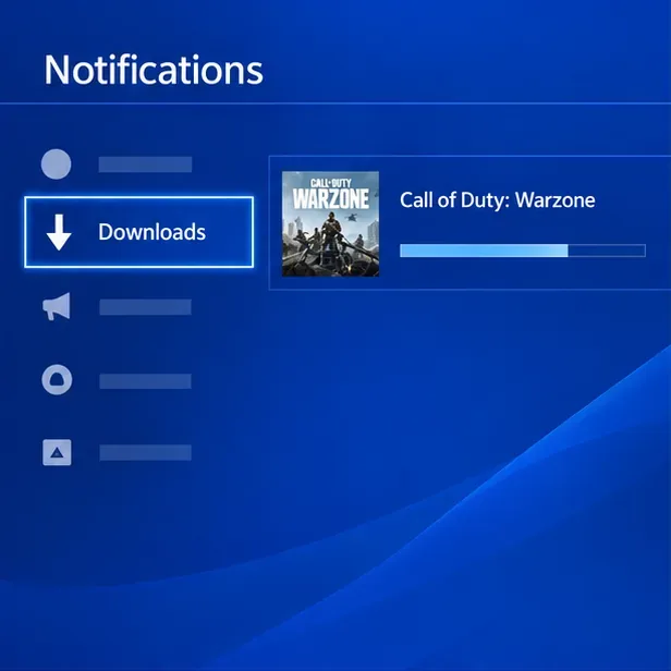 The PS4 Notifications panel showing a Call of Duty: Warzone download in progress.