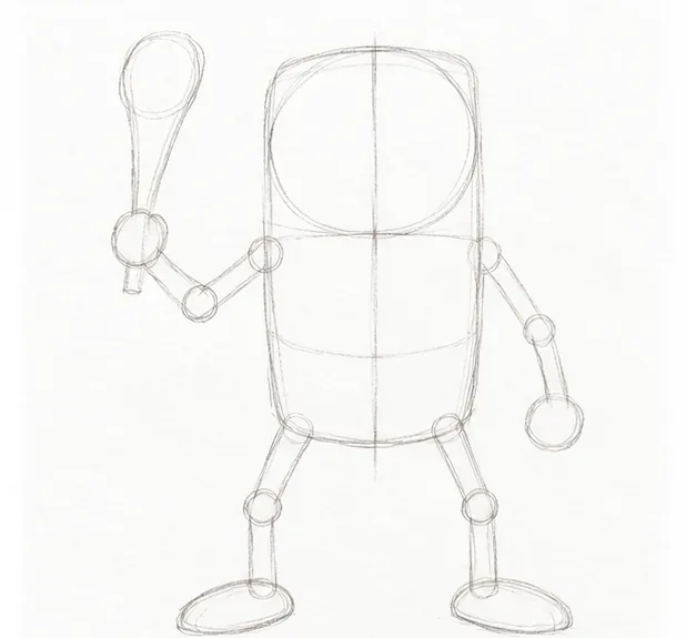 Light construction sketch with a capsule body, center line, and stick limbs for a wooden Brainrot character.