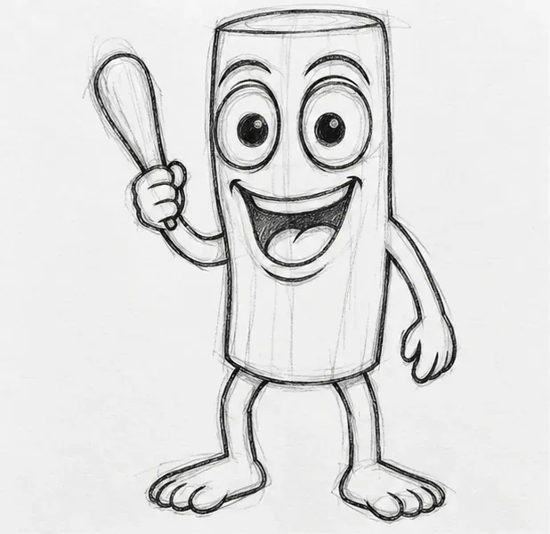 Dark ink outline traced over the lightly sketched wooden character and its raised club.