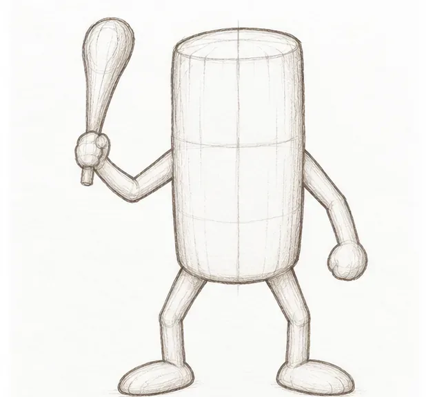 Smoothed wooden character silhouette with short limbs and a raised arm holding a small club.