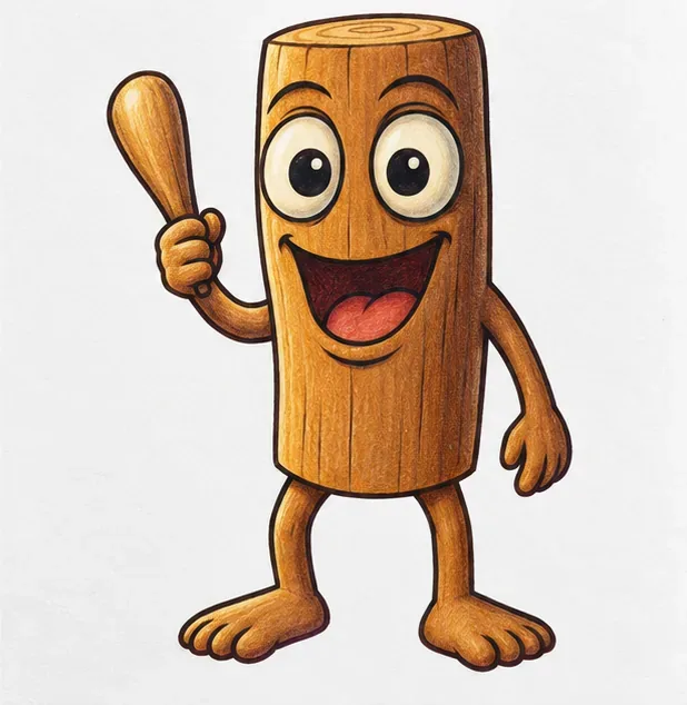 Completed wooden character drawing with a side highlight, darker shadow, and a few wood-grain marks.