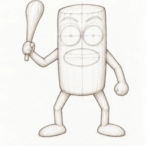 Pencil face guides showing large eye circles, eyebrow arcs, and a mouth placement on the wooden character.