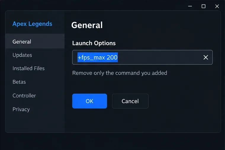 Schematic launch-options field with a single added command selected and a note to remove only that command.