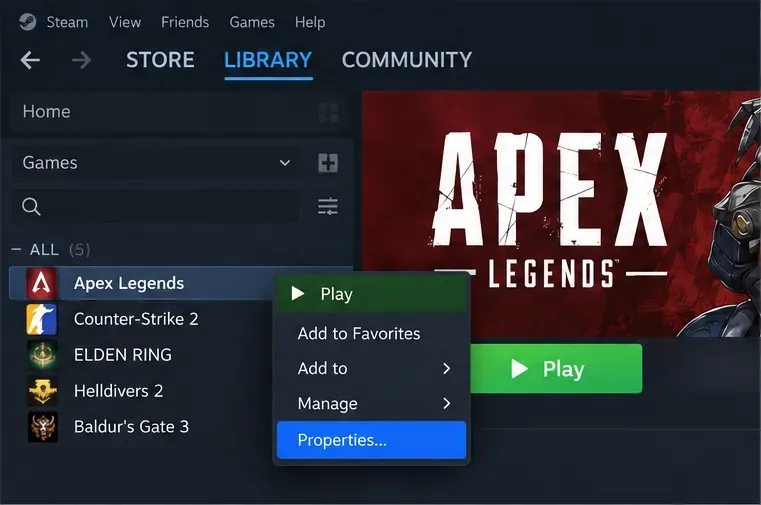 Schematic Steam Library with Apex Legends selected and its context menu open to Properties.