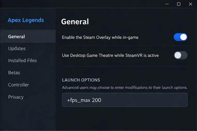 Schematic Steam Properties window on the General tab, with +fps_max 200 in the Launch Options field.